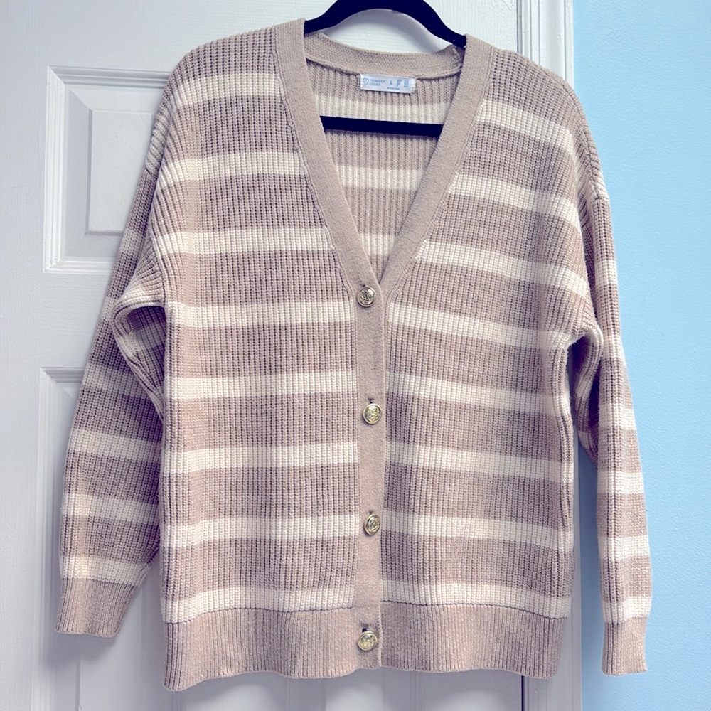 Primark Cares Tan White Striped Thick Buttons Up Cardigan Women’s Sweater Size L